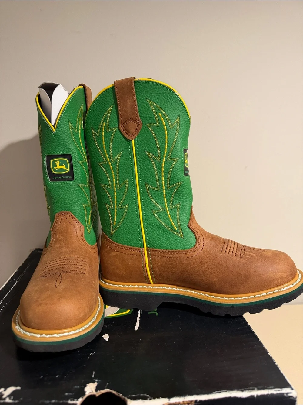 John Deere Green and Brown Kids Pull-On Western Boots with Yellow Trim